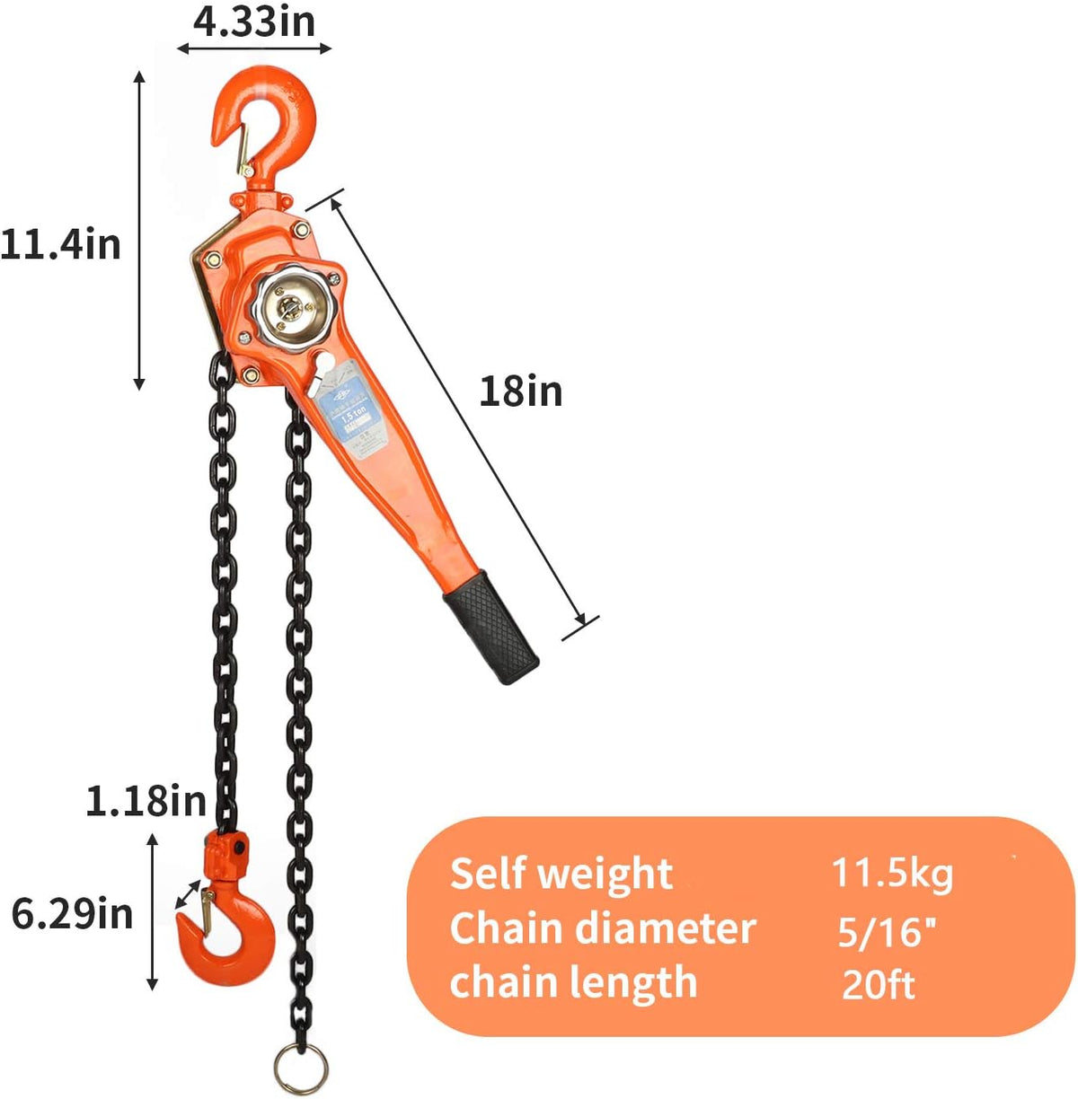 1-1/2 Ton Manual Lift Lever Block Chain Hoist, 20 feet Ratchet Chain Hoist Puller D837621