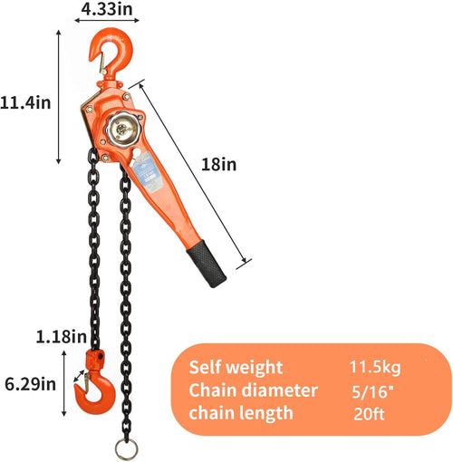 1-1/2 Ton Manual Lift Lever Block Chain Hoist, 20 feet Ratchet Chain Hoist Puller D837621