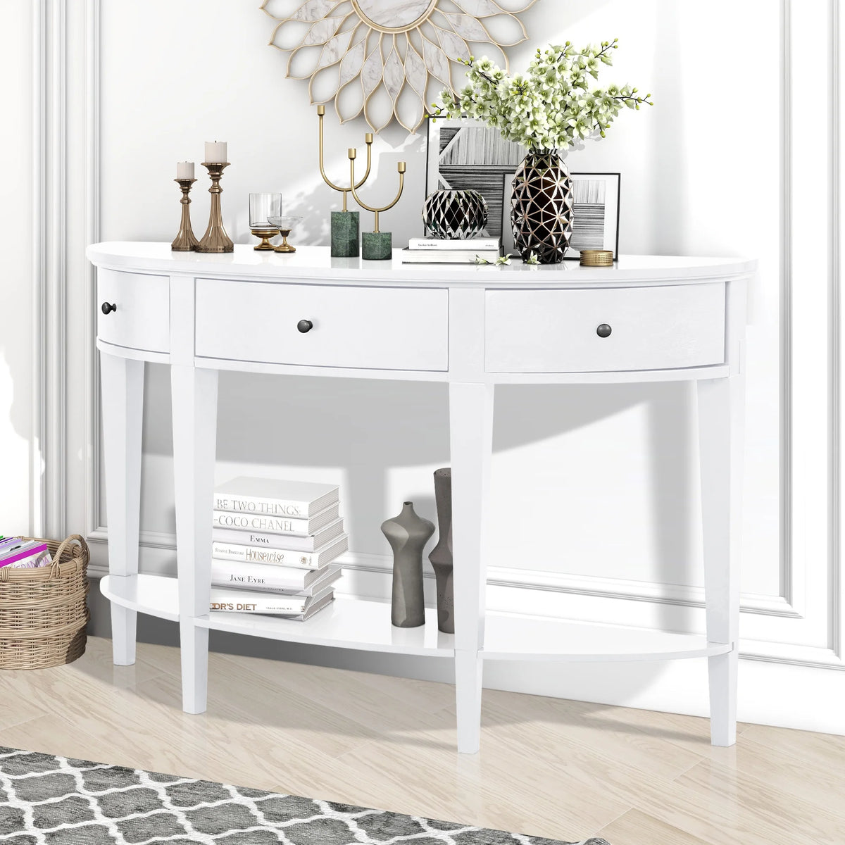 White Curved Console Table with 3 Drawers and Bottom Shelf X30833