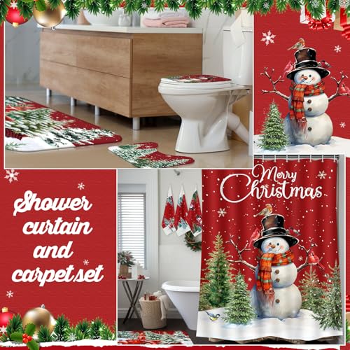 7 Pcs Christmas Shower Curtain Set Non Slip Waterproof Bathroom Accessories J877