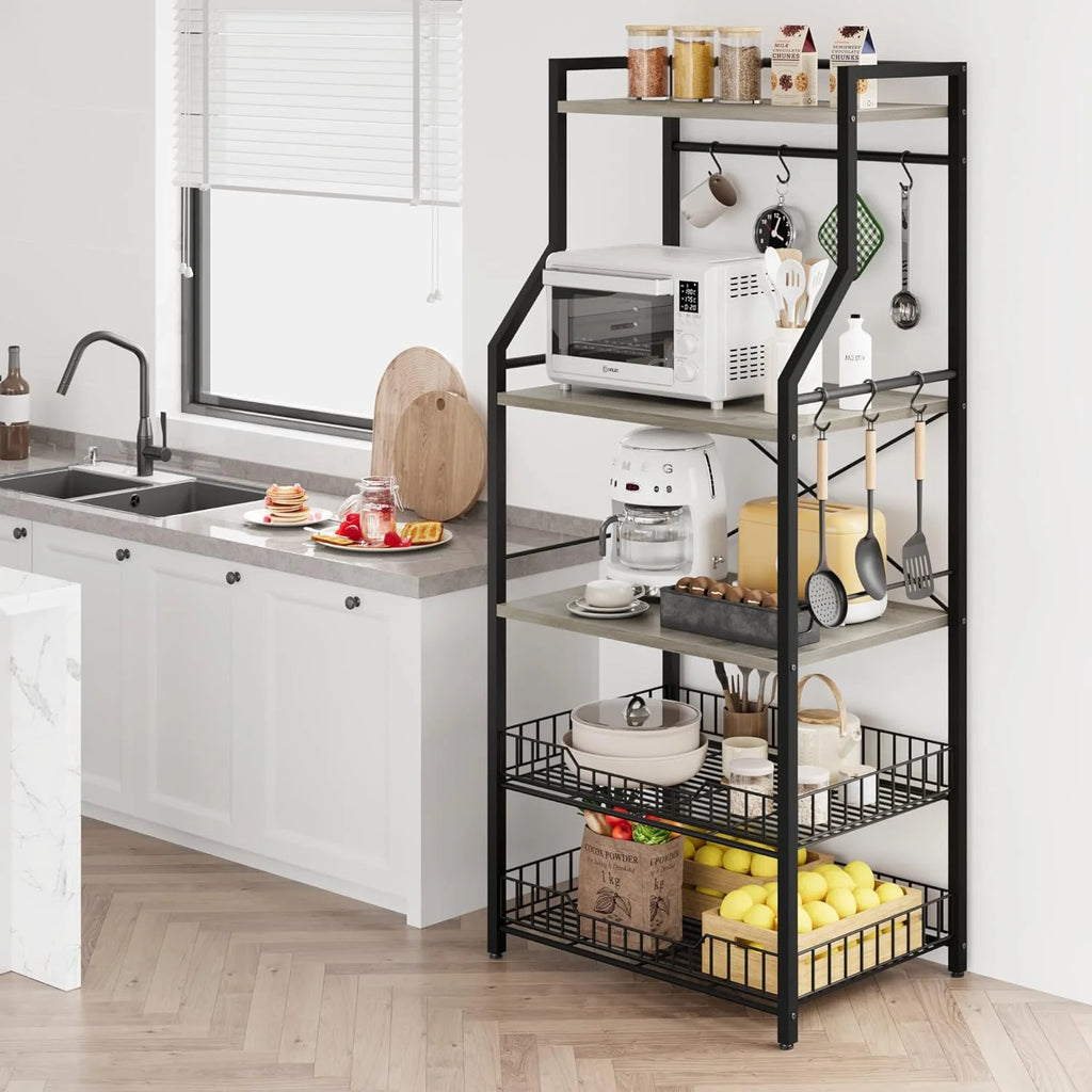 Rustic Gray 5-Tier Microwave Stand with Anti-Tip Kit G632