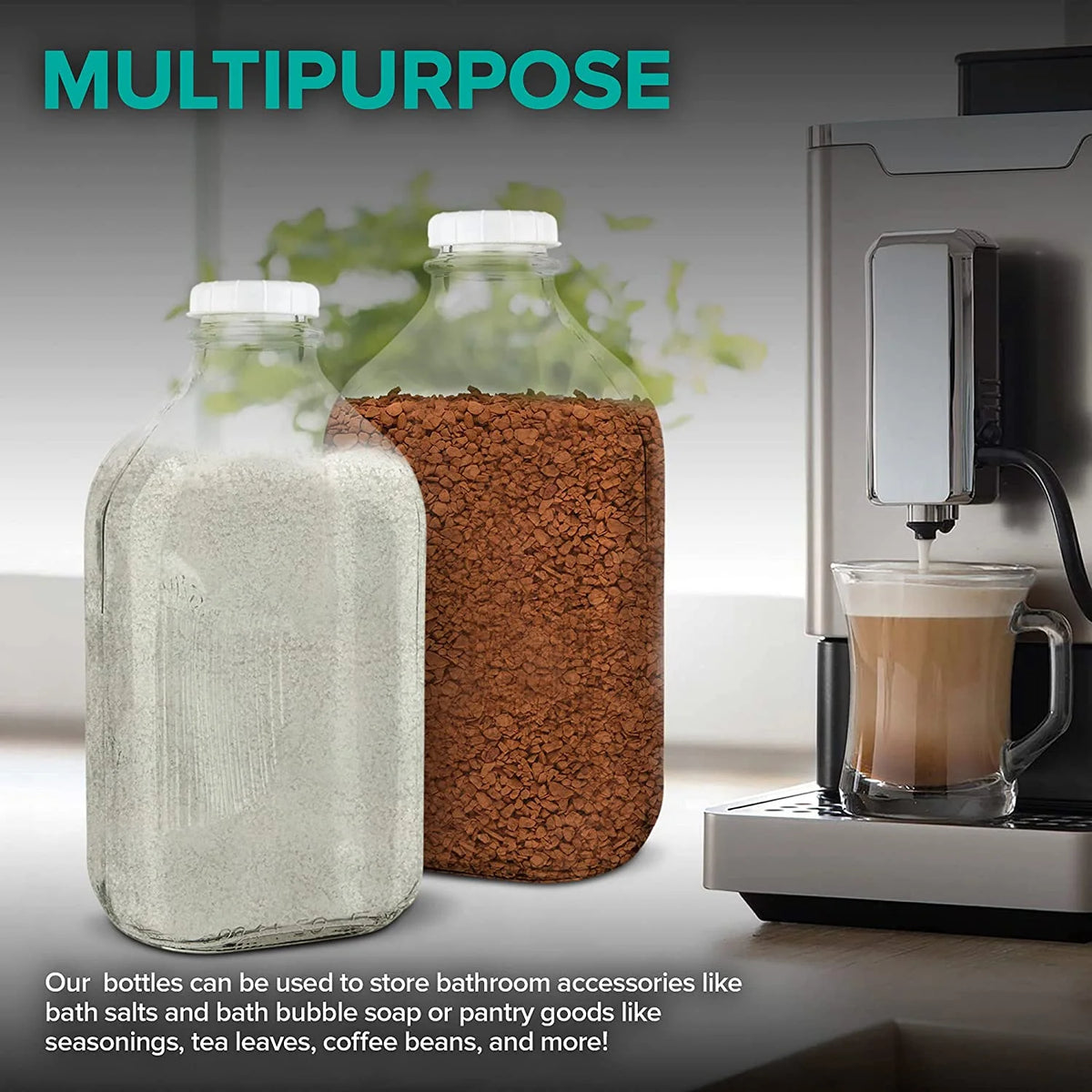 64-Oz Glass Milk Bottles with 3 White Caps, Dishwasher Safe I5426