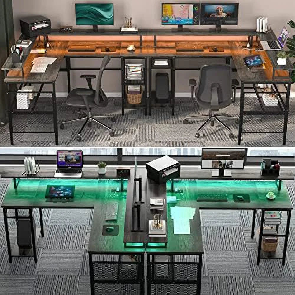 L Shaped Computer Desk with Power Outlet and LED Strip Black C75408