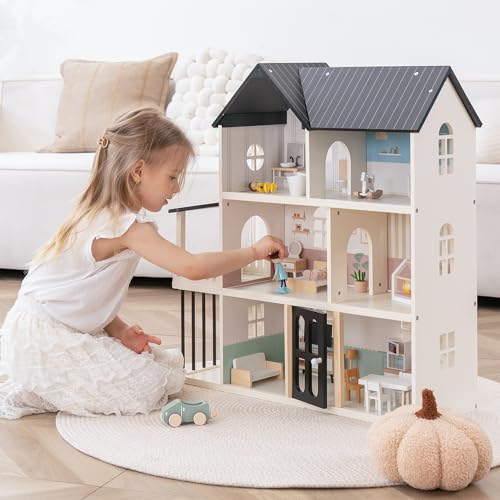 Wooden 6-Room 1:12 Scale Dollhouse with 26 Furniture T3236