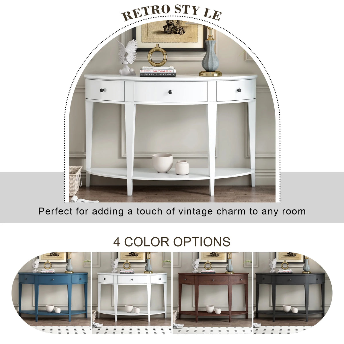 White Curved Console Table with 3 Drawers and Bottom Shelf X30833