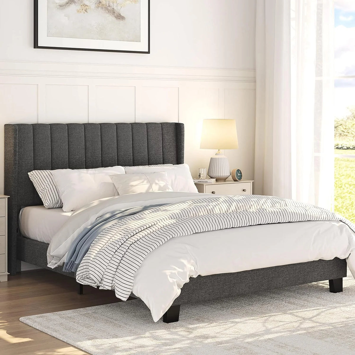 Queen Size Upholstered Platform Bed Frame with Tufted Headboard E593