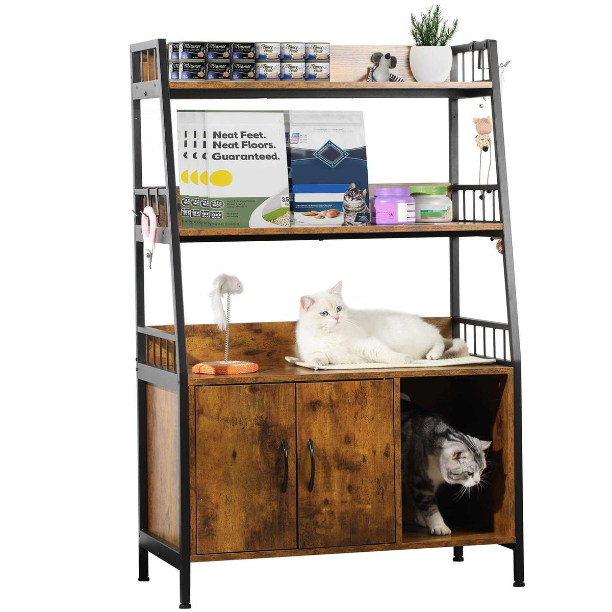 Cat Litter Box Enclosure with Storage Shelves Wooden Large Litter Box Furniture S13316