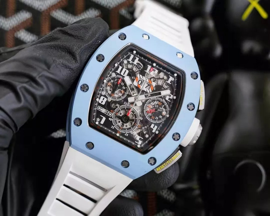 Skeleton Dial Blue Bezel White Rubber Strap N7569