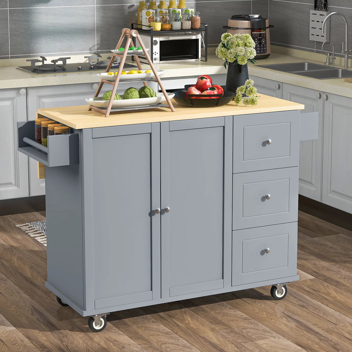 Rolling Mobile Kitchen Island with Storage Cabinet and Drop Breakfast Bar V163