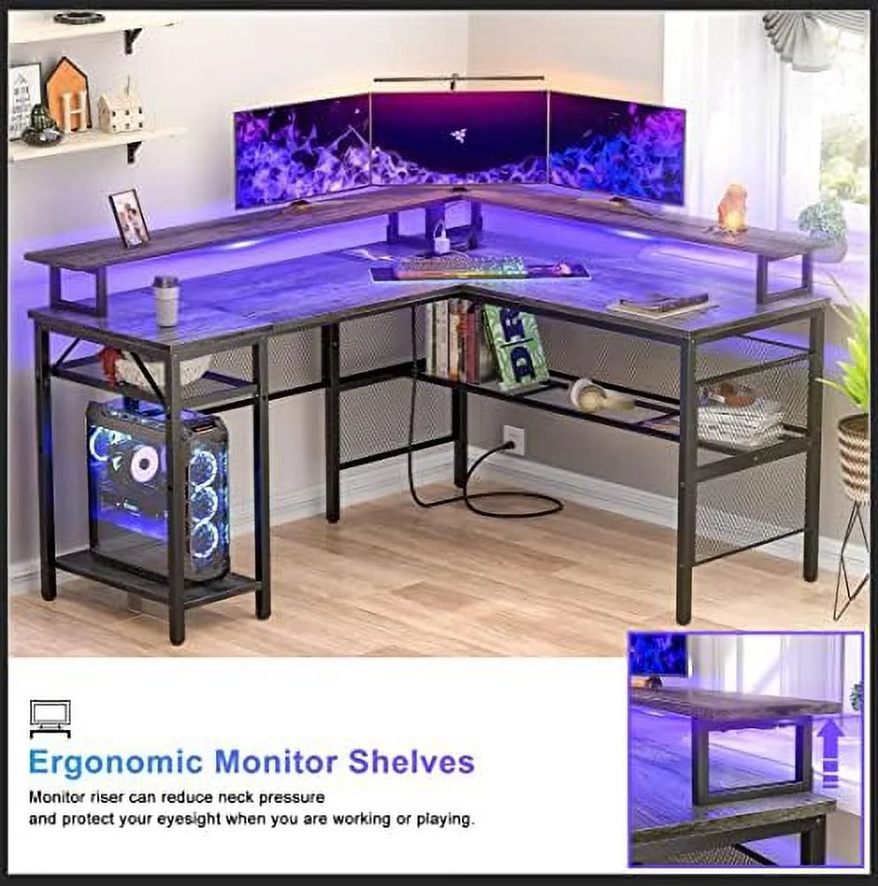 L Shaped Computer Desk with Power Outlet and LED Strip Black C75408