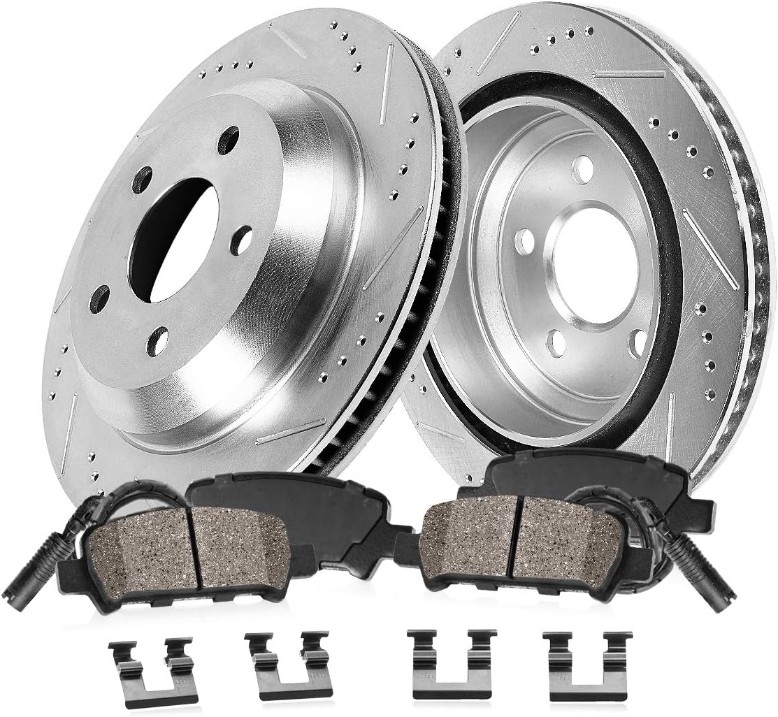REAR 344.7mm Drilled/Slotted 5 Lug Rotors + Brake Pads + Clips + Sensors Q427442