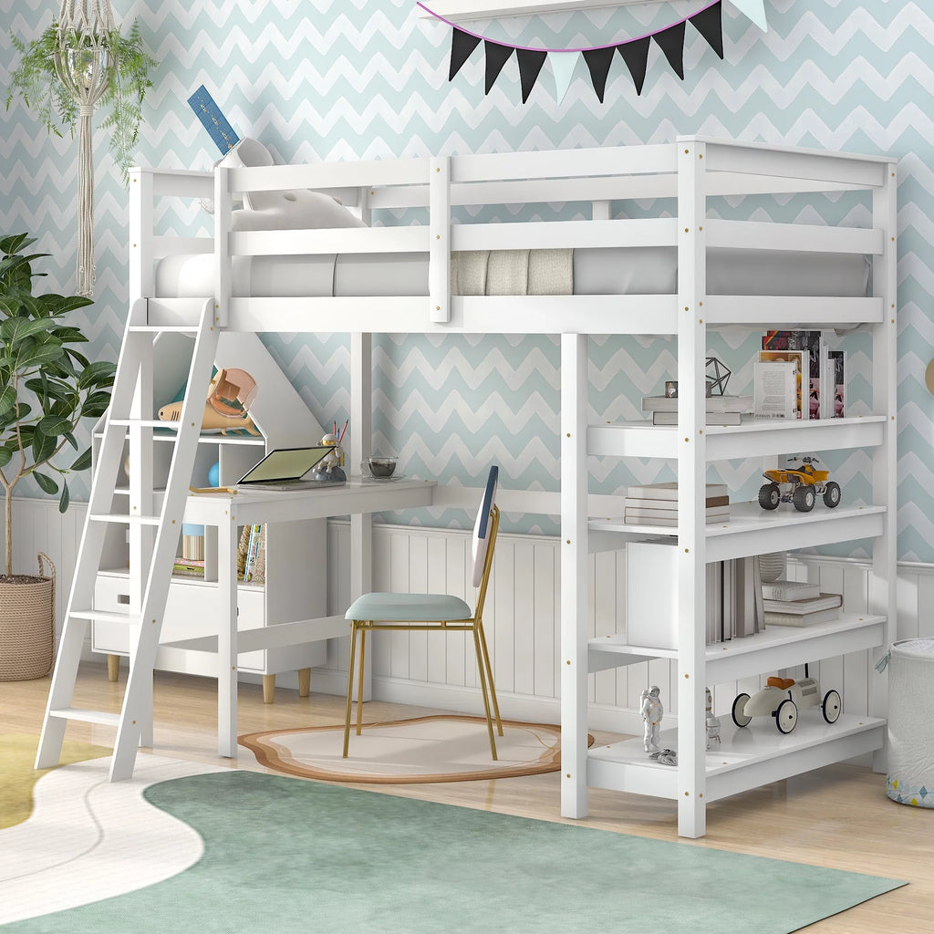 White Twin Loft Bed with Desk, Ladder, Shelves E158059