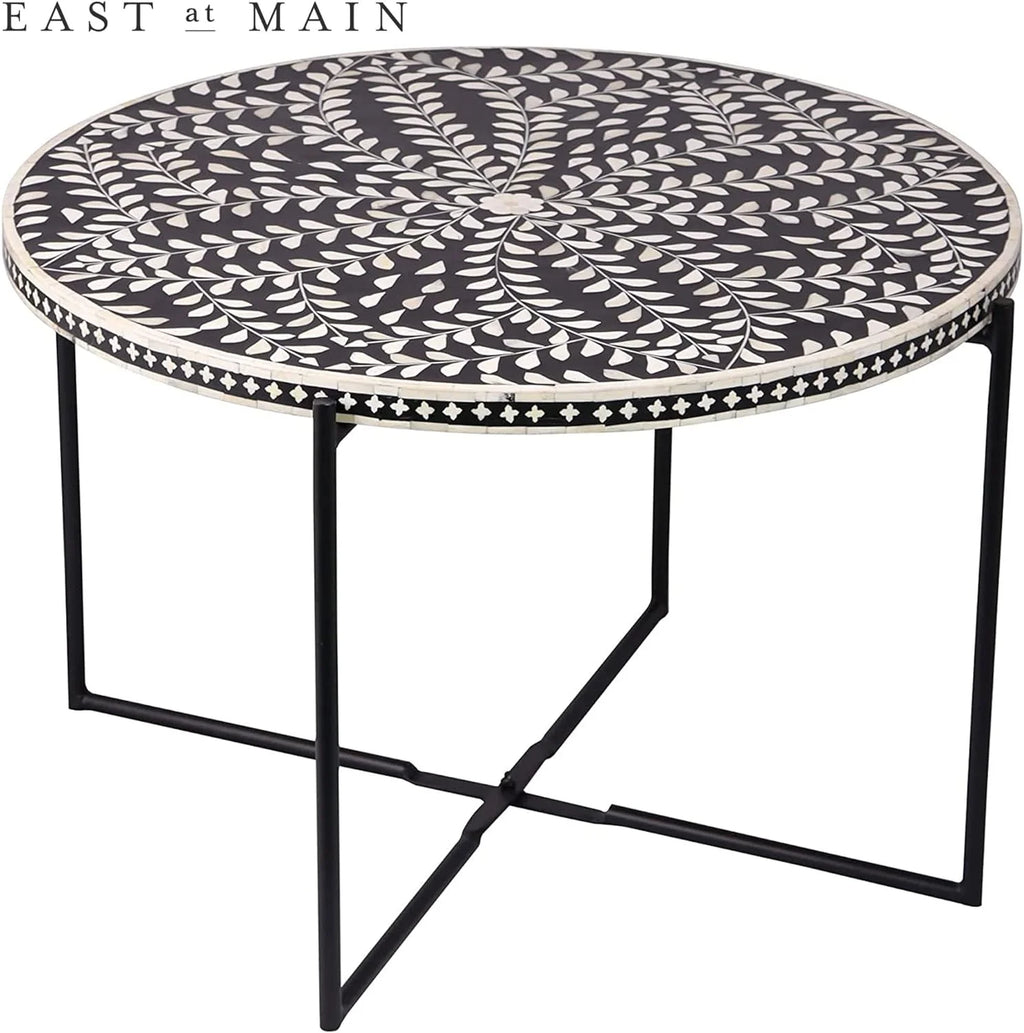 Round Coffee Table 30”W X 19”H Wooden Floral Top Metal Legs Black E562875