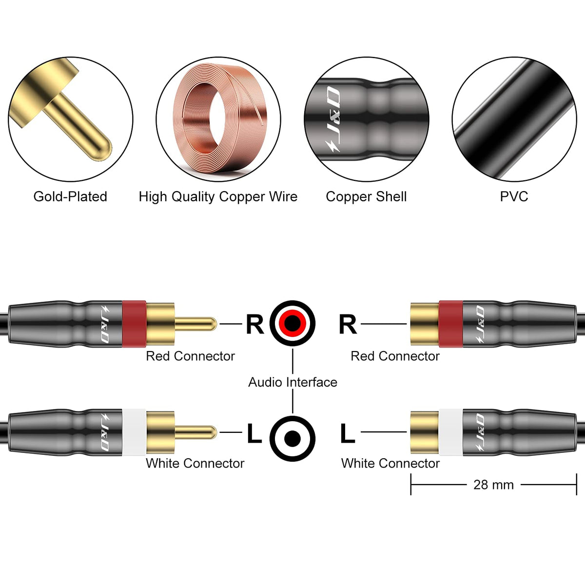 2 RCA Extension Cable Male to Female, Copper Shell Gold-Plated, 6 Feet T35983