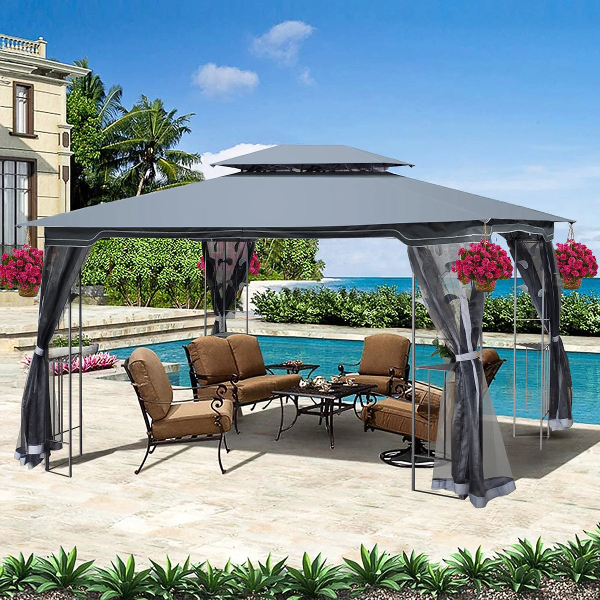 Gray Outdoor Patio Gazebo Canopy Tent With Ventilated Double Roof And Mosquito Net X606