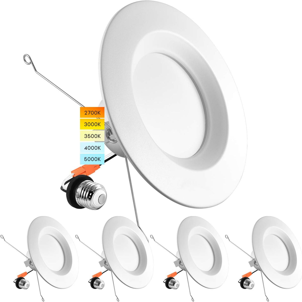 5/6 Inch LED Recessed Retrofit Downlight, 14W=90W, CCT Color Selectable, Dimmable, 1100 Lumens, Wet Rated, Smooth Trim (4 Pack) P319262