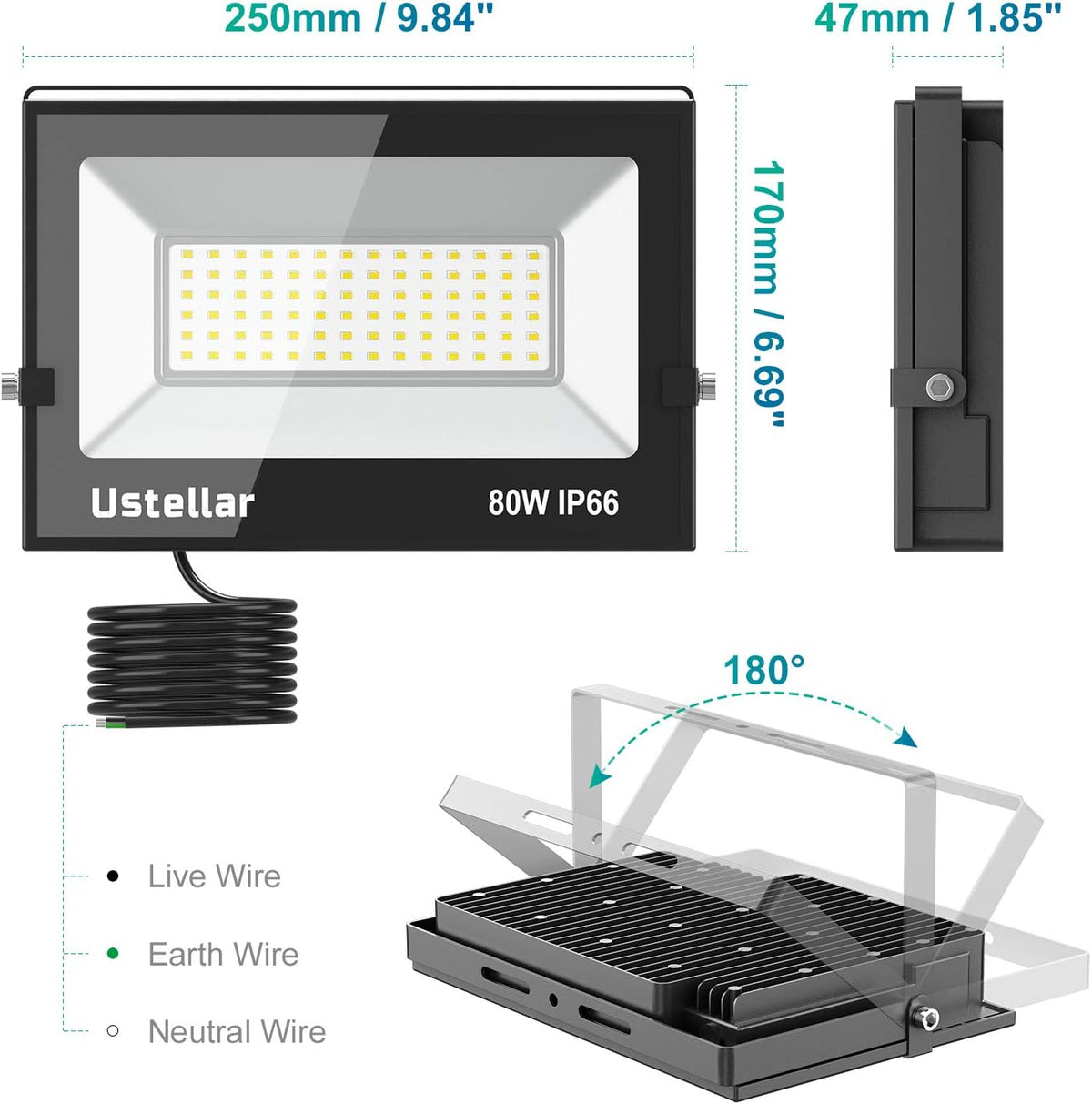 2 Pack 80W LED Flood Light IP66 Waterproof Outdoor 5000K Daylight White W9623