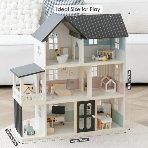 Wooden 6-Room 1:12 Scale Dollhouse with 26 Furniture T3236