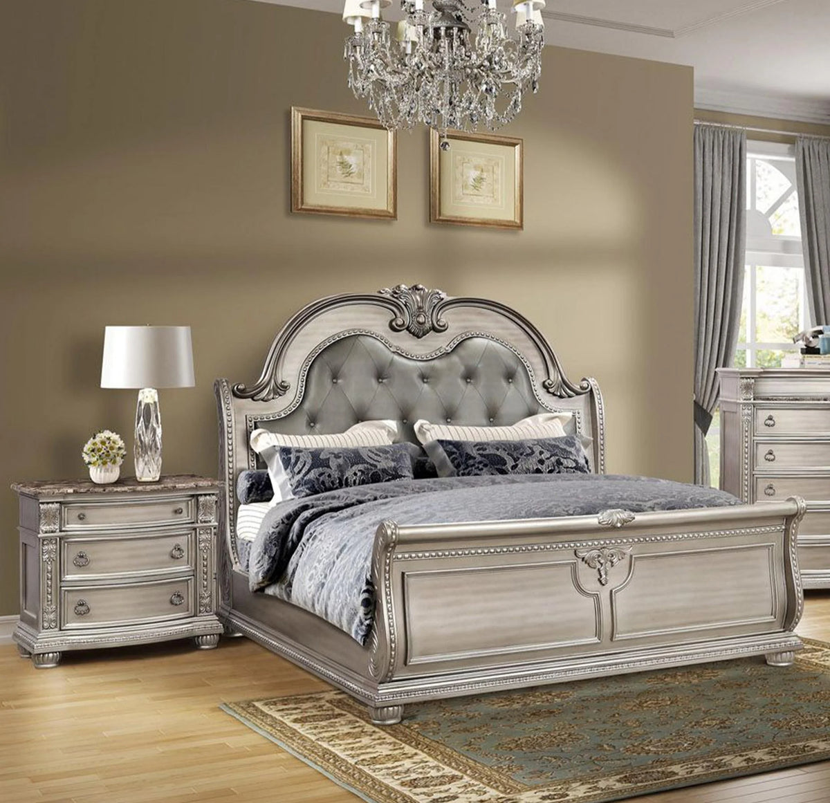Antique Platinum Sleigh Queen Bedroom Set 5P E265