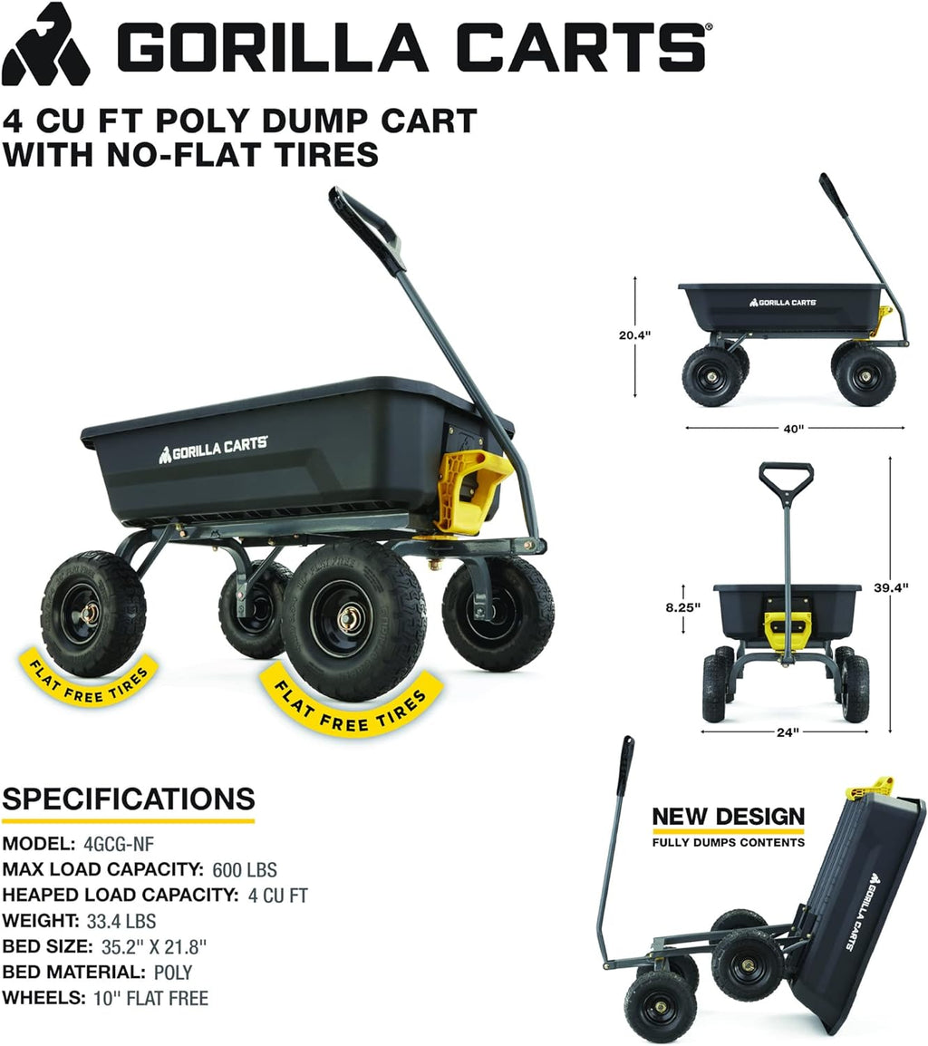4 Cu. Ft. Poly Garden Dump Cart with No-Flat Tires, Black R54548