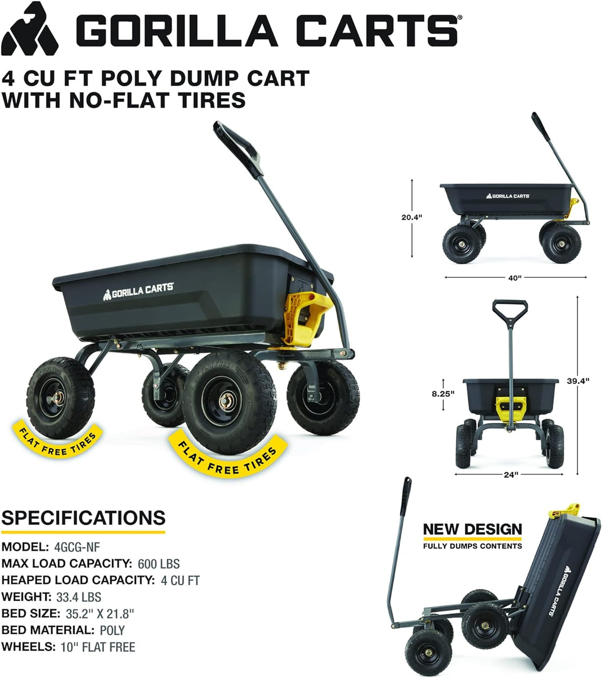 4 Cu. Ft. Poly Garden Dump Cart with No-Flat Tires, Black R54548