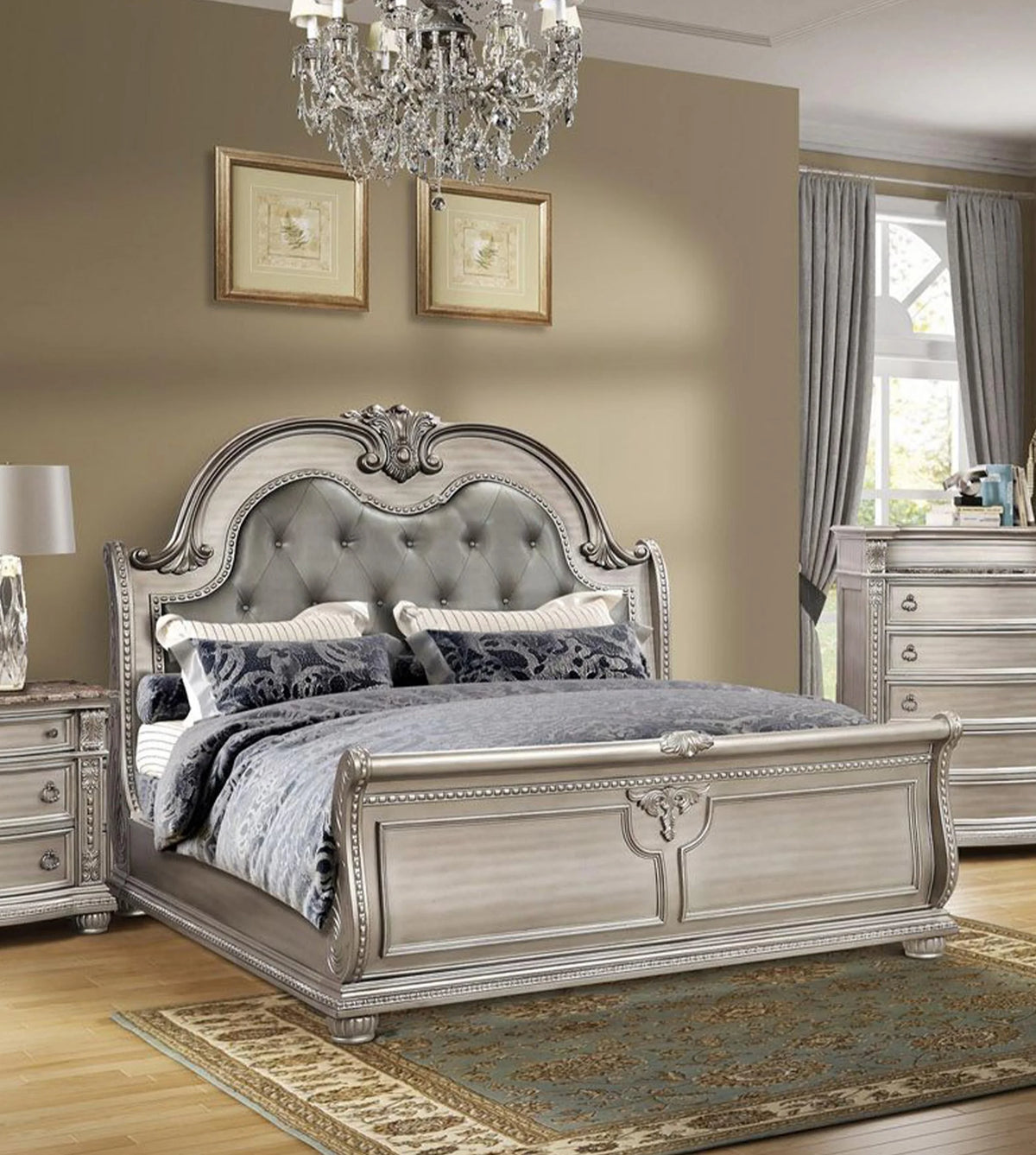 Antique Platinum Sleigh Queen Bedroom Set 5P E265