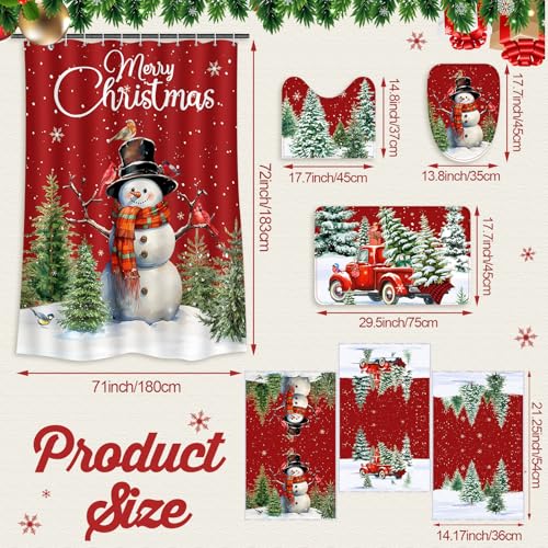 7 Pcs Christmas Shower Curtain Set Non Slip Waterproof Bathroom Accessories J877