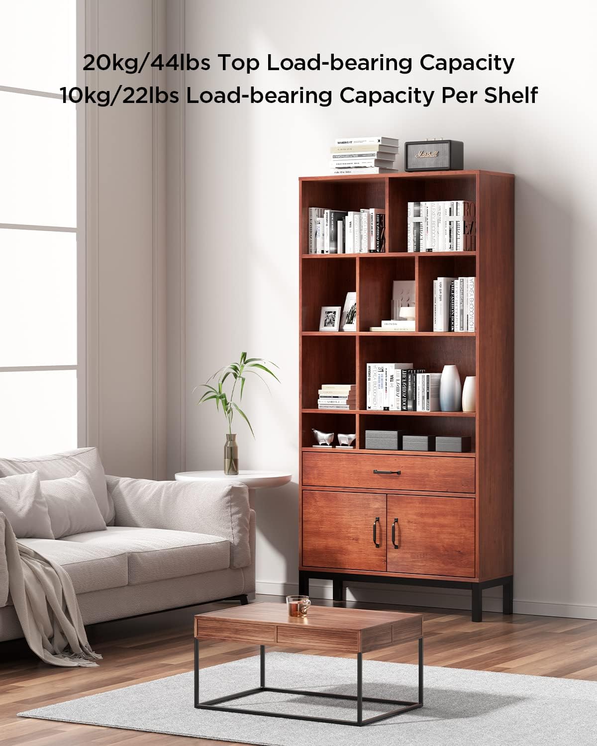 Brown Wood Bookcase Storage Cabinet with Doors and 3 Drawers M868280