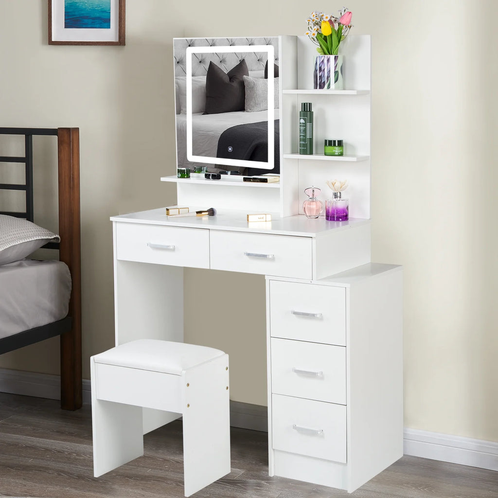 White Vanity Set with Lighted Mirror, Drawers and Stool U29323