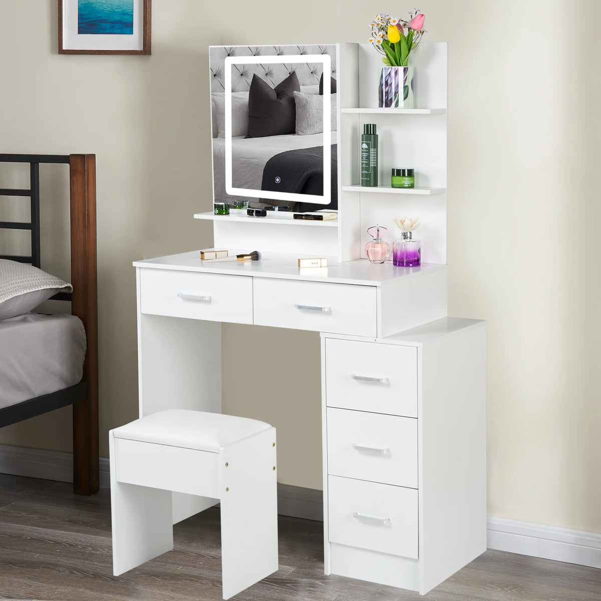 White Vanity Set with Lighted Mirror, Drawers and Stool U29323