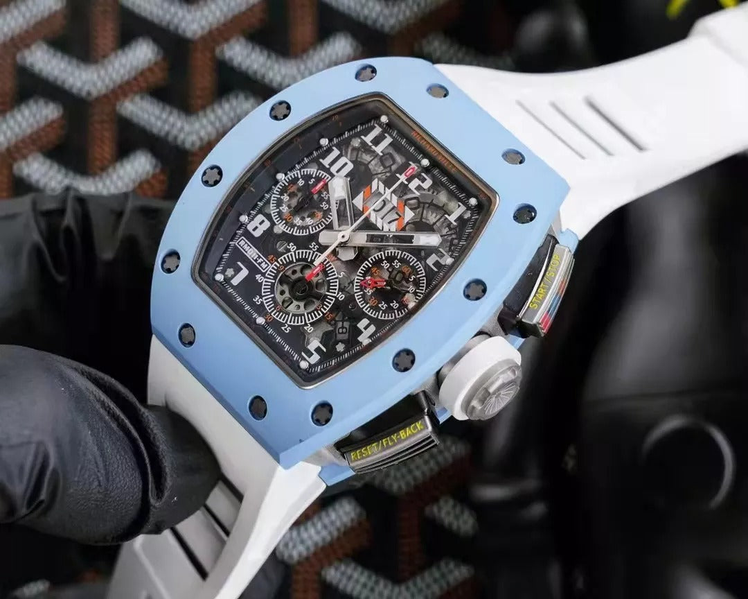 Skeleton Dial Blue Bezel White Rubber Strap N7569