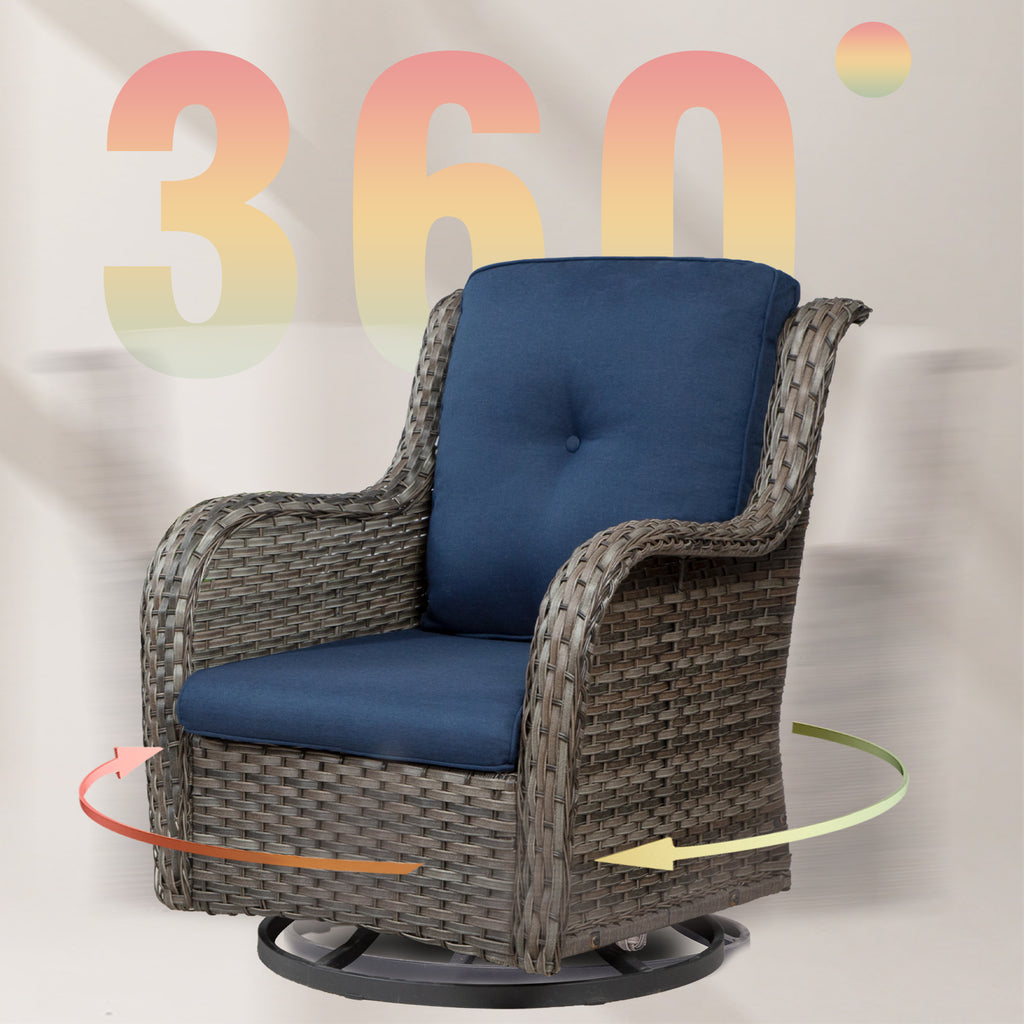 Blue Wicker Patio Swivel Rocker Chairs Set of 2 with Table Y1681