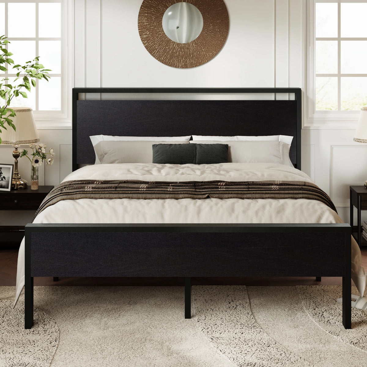 Walnut King Size Platform Bed Frame with Wood Headboard B70218