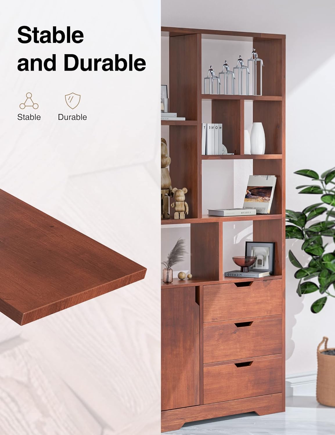 Brown Wood Bookcase Storage Cabinet with Doors and 3 Drawers M868280