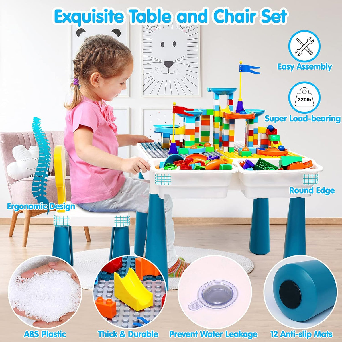 Kids Activity Table and Chair Set with 152Pcs Marble Run Building Blocks P596116