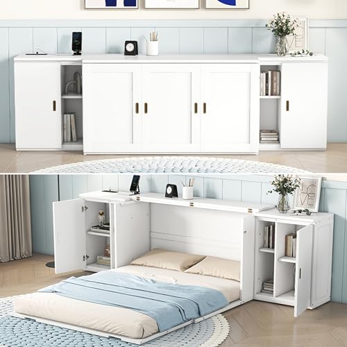 Queen Size Solid Wood Murphy Wall Bed With Storage and Bookcase Headboard (White) N426813