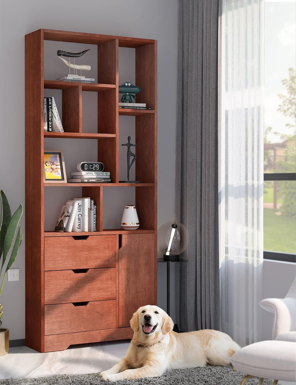 Brown Wood Bookcase Storage Cabinet with Doors and 3 Drawers M868280