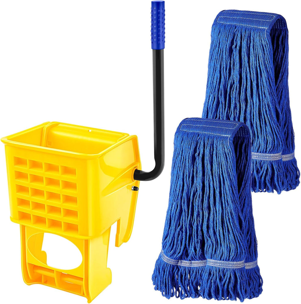 Yellow Mop Wringer with Handle, Blue Mop Head Refill A985467
