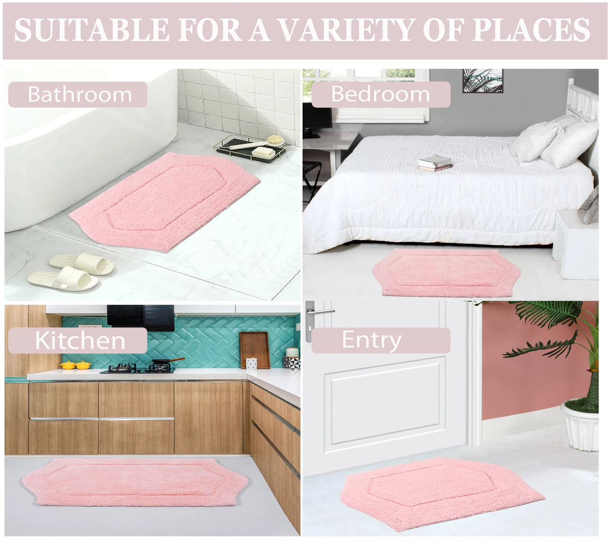 5 Piece 100% Cotton Non-Slip Bathroom Rug Set with Contour Pink F670