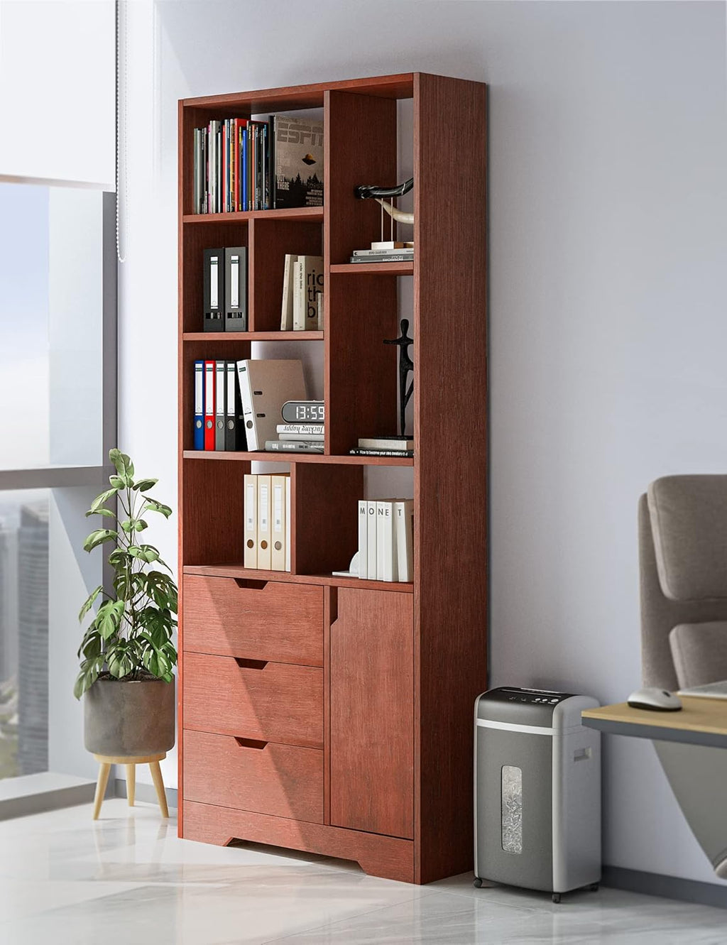 Brown Wood Bookcase Storage Cabinet with Doors and 3 Drawers M868280