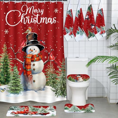 7 Pcs Christmas Shower Curtain Set Non Slip Waterproof Bathroom Accessories J877