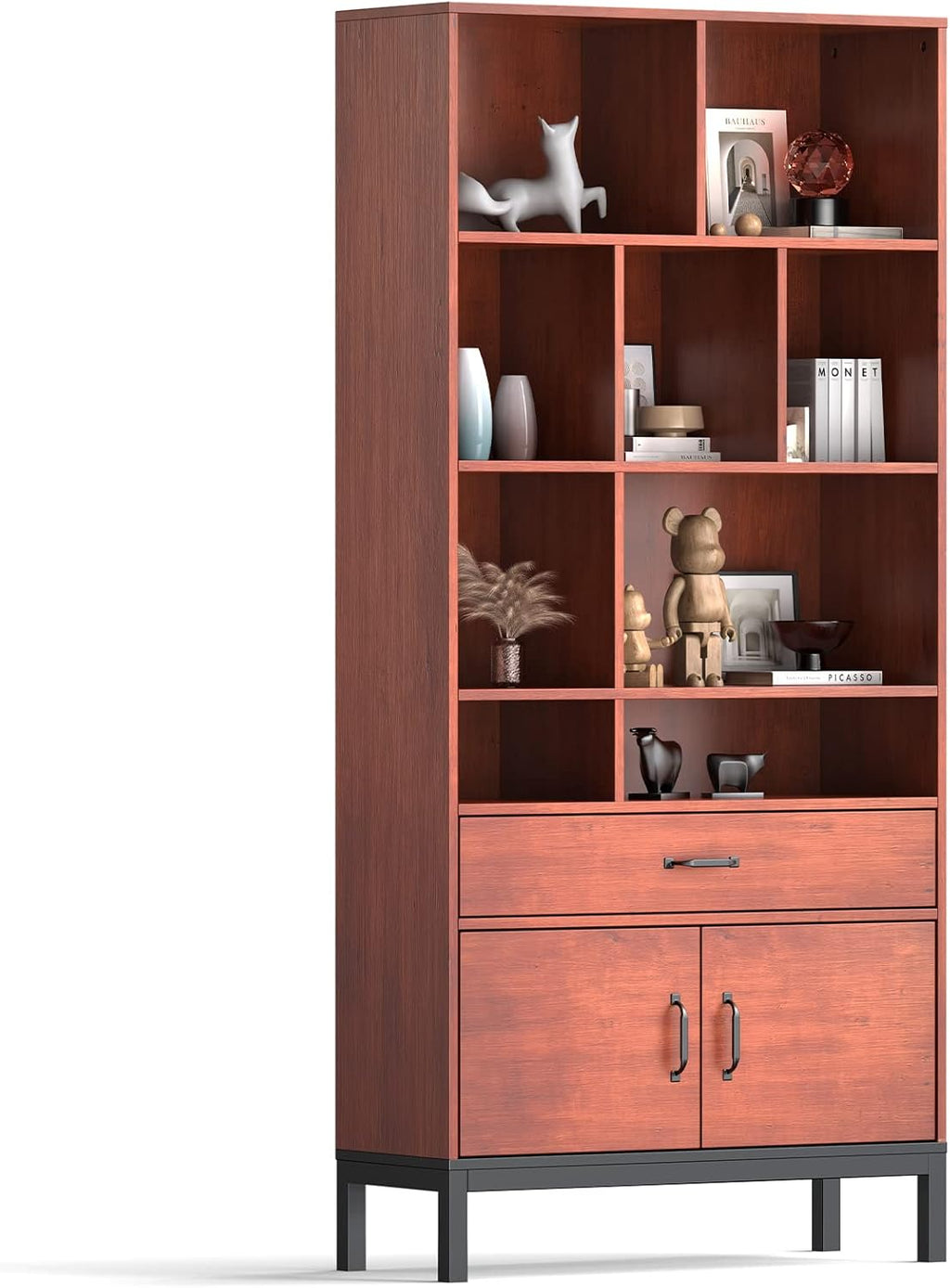 Brown Wood Bookcase Storage Cabinet with Doors and 3 Drawers M868280