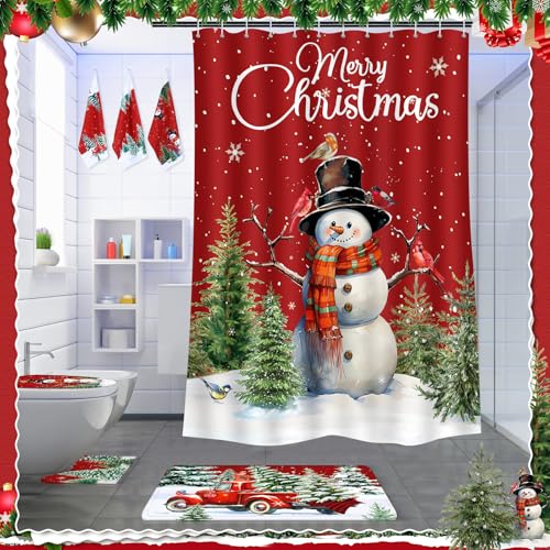 7 Pcs Christmas Shower Curtain Set Non Slip Waterproof Bathroom Accessories J877