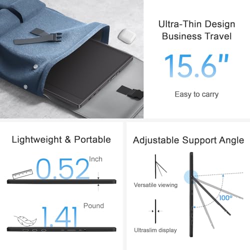 15.6-inch FHD 1080P HDR IPS Portable Monitor with Kickstand & Speakers USB-C HDMI A392099