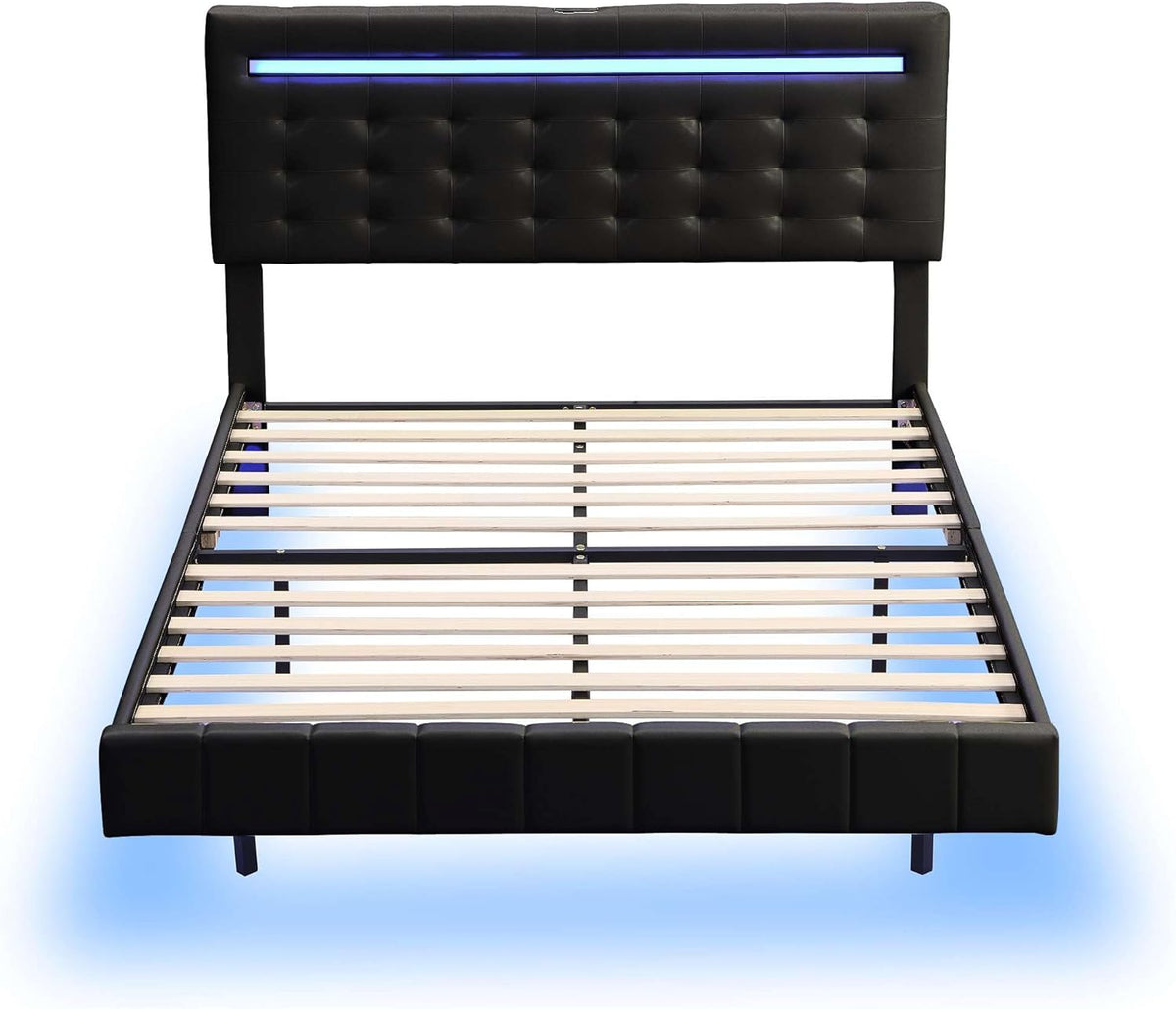Full Size Floating Bed Frame with LED Lights and USB Charging V9027