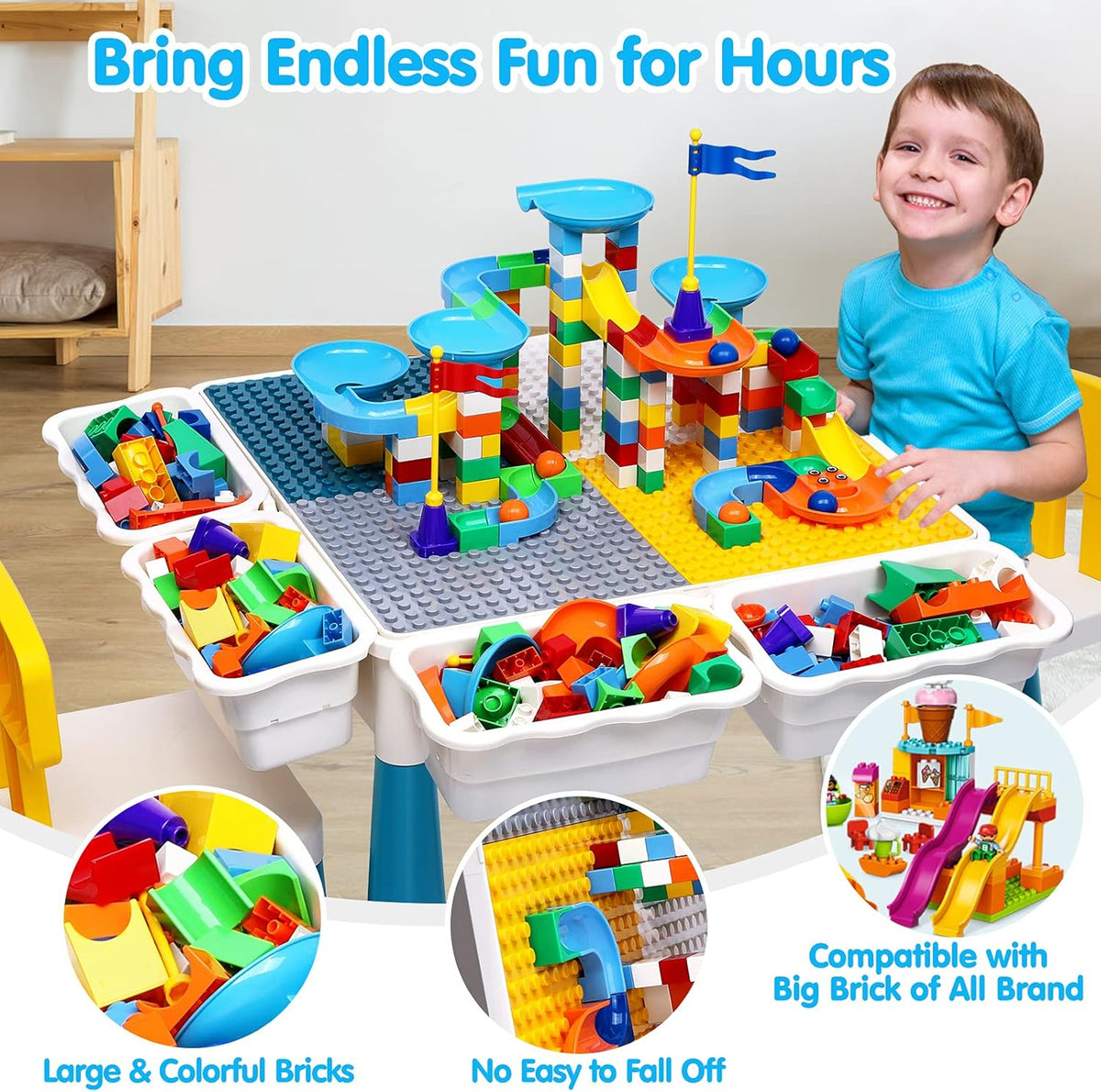Kids Activity Table and Chair Set with 152Pcs Marble Run Building Blocks P596116