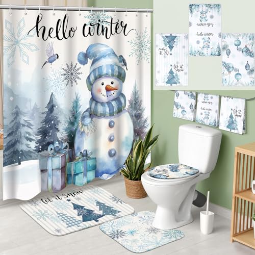 7 Pcs Christmas Shower Curtain Set Non Slip Waterproof Bathroom Accessories J877