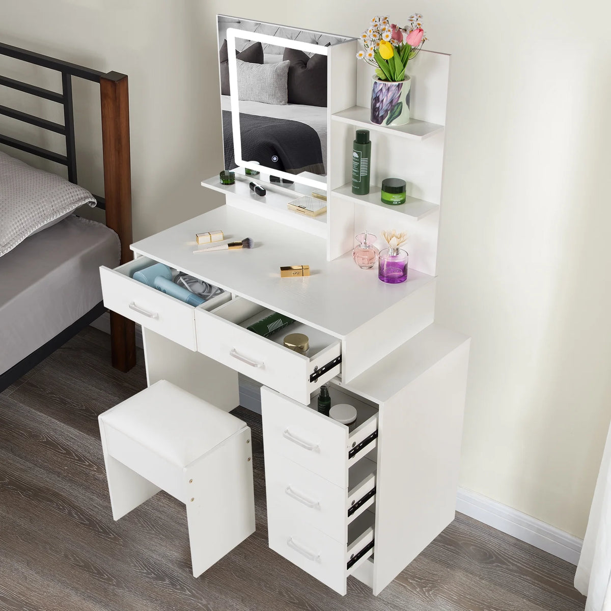 White Vanity Set with Lighted Mirror, Drawers and Stool U29323