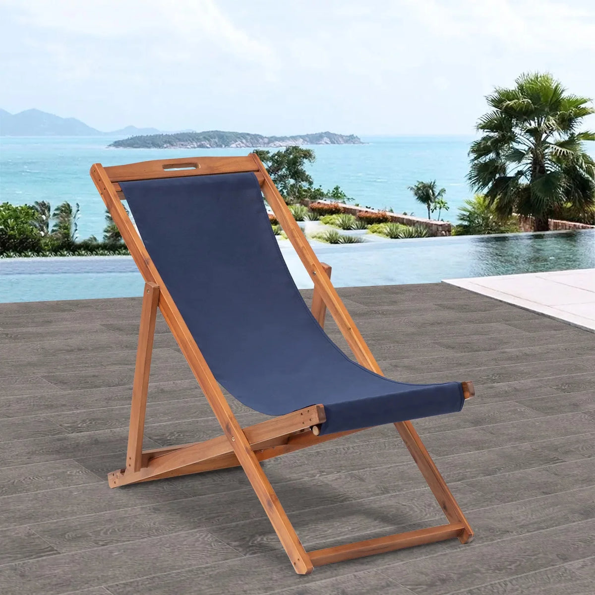 Beach Chair 2 Set Folding Reclining Chair with Solid Wood Frame Blue K3394