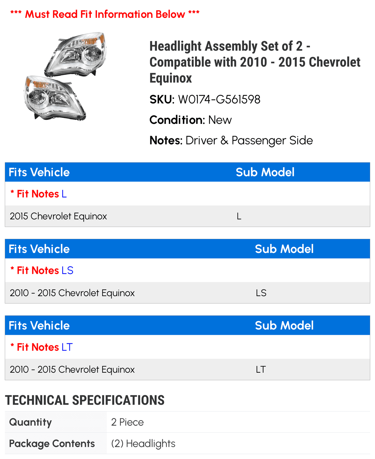 Headlight Assembly Set of 2 X500